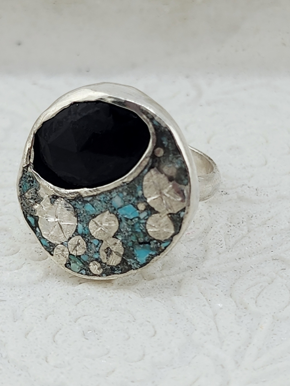 ONYX & INLAY TURQUOISE  MOON RING HANDCRAFTED RECYCLED STERLING SILVER 8.3/4